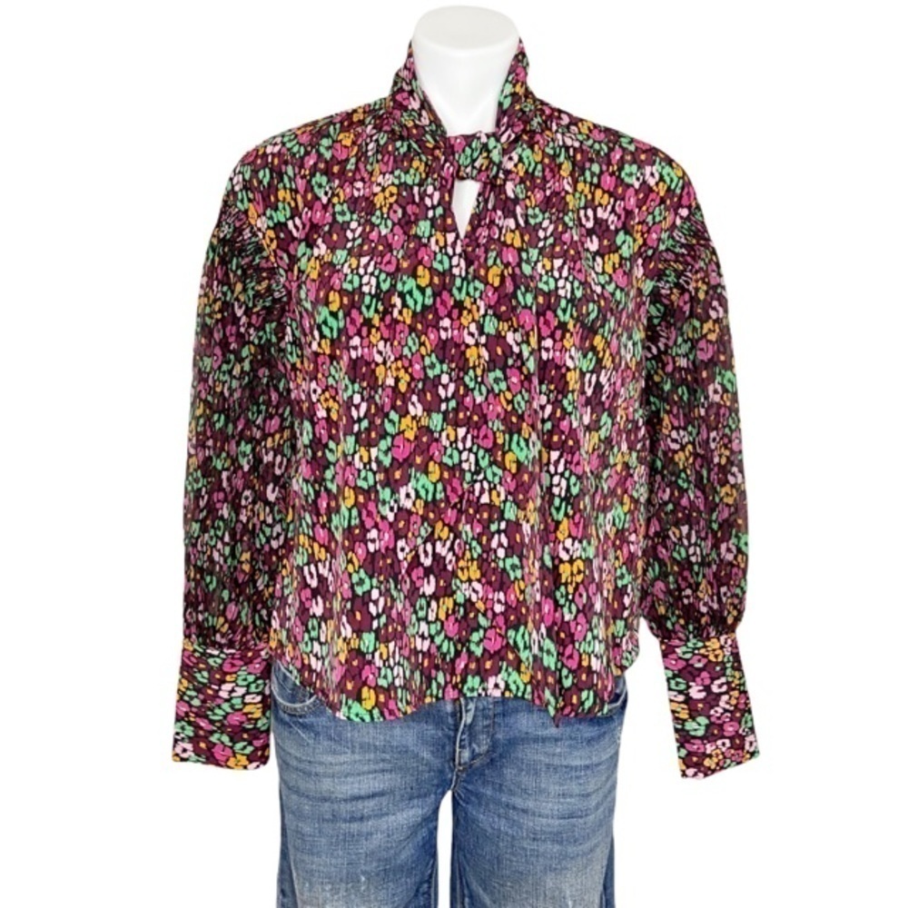 Multicolor Blouse Top Sheer Puffy Long Sleeves S